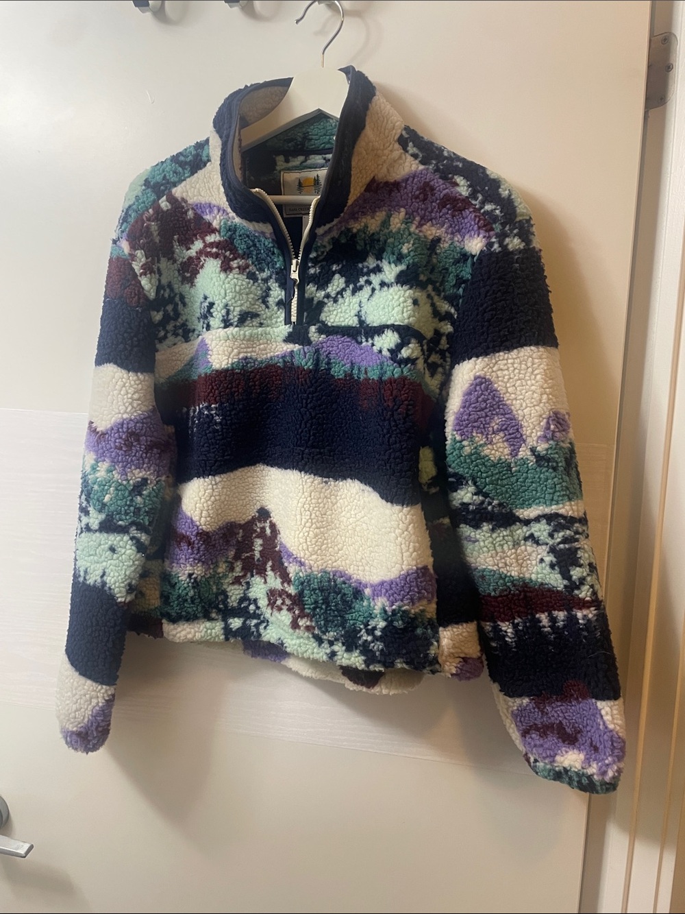 Cozy Patterned Sherpa Half-Zip Pullover - Cream, Navy & Teal